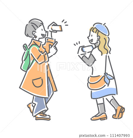 一位年輕女子一邊享受觀光，一邊用智慧型手機拍照。簡單又時尚的線條畫插圖。 111407993