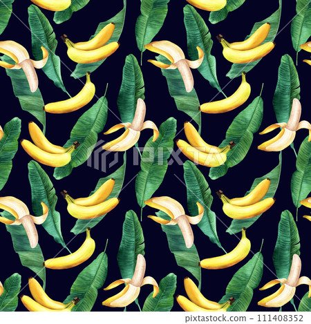 Watercolor seamless pattern with banana tree leaves and fruit banana. Hand drawn illustration. For wrapping wallpaper fabric textile. 111408352