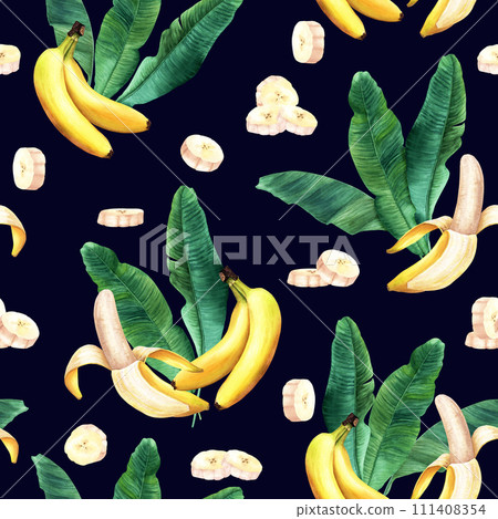 Watercolor seamless pattern with banana tree leaves and edible peeled sliced yellow fruit banana. Hand drawn illustration. For wrapping wallpaper fabric textile. Watercolor seamless pattern with banana tree leaves and edible peeled sliced yellow fruit banana. Hand drawn illustration. For wrapping wallpaper fabric textile. 111408354
