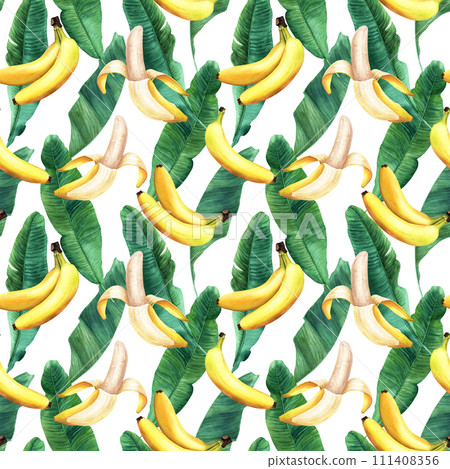 Watercolor seamless pattern with banana tree leaves and fruit, berry banana. Hand drawn illustration isolated on white background. For wrapping wallpaper fabric textile. 111408356