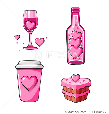 Vector icon with wine bottle, glass, cake and coffee by Valentine day. Flat design element set. 111408427