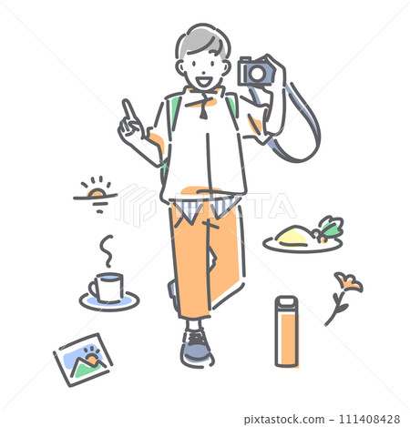 一個帶著相機享受獨自旅行的年輕人 簡單時尚的線條畫插圖 111408428