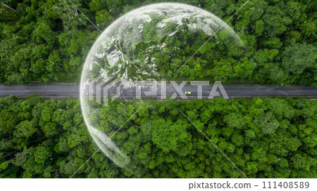 Aerial top view of green electric vehicle car driving over straight forest road, EV car electric vihicle car on forest road with globe green energy and eco power produced from sustainable. Aerial top view of green electric vehicle car driving over straight forest road, EV car electric vihicle car on forest road with globe green energy and eco power produced from sustainable. 111408589