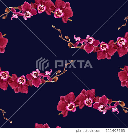 Watercolor seamless pattern with tropical flower orchid Phalaenopsis branch in blooms. For fabric, textile Watercolor seamless pattern with tropical flower orchid Phalaenopsis branch in blooms. For fabric, textile 111408663
