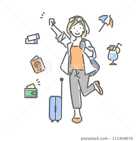 一位微笑的女士出發去她期待的旅行。一個簡單而時尚的線條畫插圖。 111408678