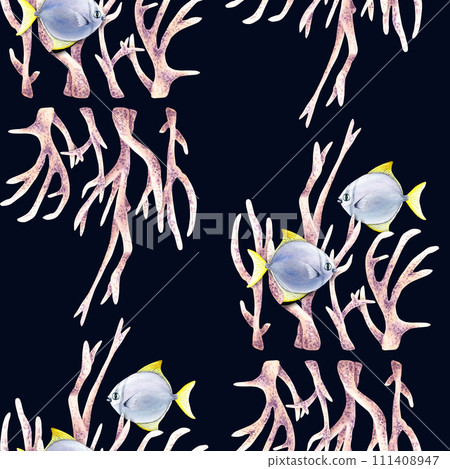 Seamless pattern with composition with corals and exotic fishes moonyfish. Watercolor illustration for fabric, textile 111408947