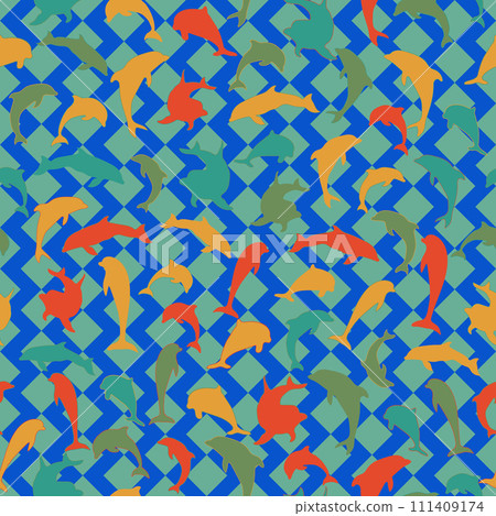 Dolphin Marine seamless pattern. Vector seamless pattern in the style of doodles, hand drawn.  111409174