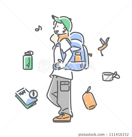 一位背包客女子享受獨自旅行 — 簡單而時尚的線條畫插圖 一位背包客女子享受獨自旅行 — 簡單而時尚的線條畫插圖 111410152