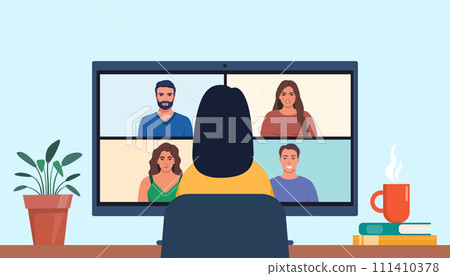 Woman chatting online, using computer for collective virtual meeting, group video conference. Vector illustration. 111410378