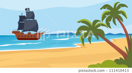 Tropical island and pirate ship near the island. Sea landscape with sail boat with skull on black sails, palm trees on uninhabited island. Vector illustration. 111410413