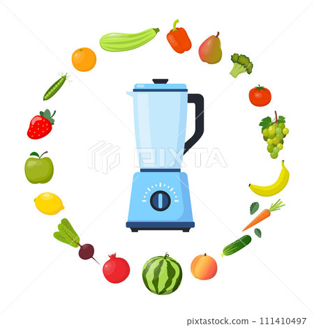 Blender or mixer. Equipment for smoothie making. Various fruits and vegetables around. Kitchen tool for cooking. Vector illustration. Blender or mixer. Equipment for smoothie making. Various fruits and vegetables around. Kitchen tool for cooking. Vector illustration. 111410497
