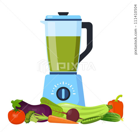 Blender or mixer. Equipment for smoothie making. Various vegetables. Tomato, pepper, carrot, broccoli, cucumber. Kitchen tool for cooking. Vector illustration. Blender or mixer. Equipment for smoothie making. Various vegetables. Tomato, pepper, carrot, broccoli, cucumber. Kitchen tool for cooking. Vector illustration. 111410504