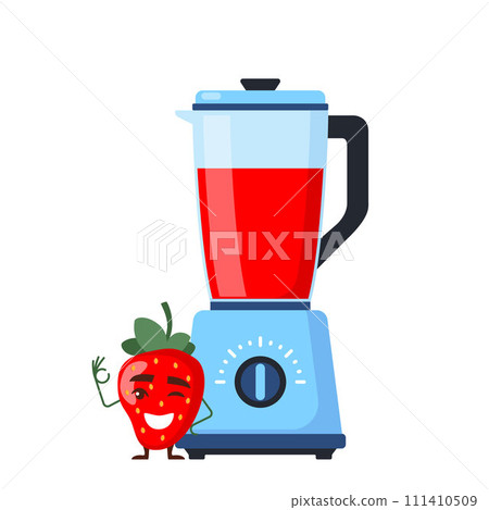 Blender or mixer. Equipment for smoothie making. Strawberry cute character and fresh juice. Kitchen tool for cooking. Vector illustration. 111410509