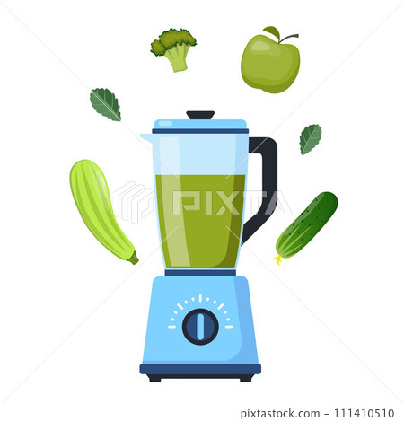 Blender or mixer. Equipment for smoothie making. Green vegetables around. Kitchen tool for cooking. Vector illustration. Blender or mixer. Equipment for smoothie making. Green vegetables around. Kitchen tool for cooking. Vector illustration. 111410510