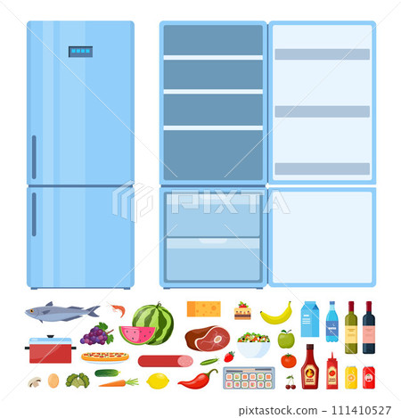 Fridge. Closed and open empty refrigerator. Blue fridge and set of healthy food, water, meet, vegetables. Vector Illustration. 111410527