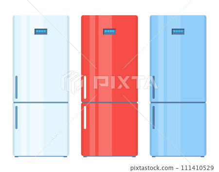 Fridge. Set of closed empty refrigerator. Blue, red, white fridge for food storage. Vector Illustration. 111410529