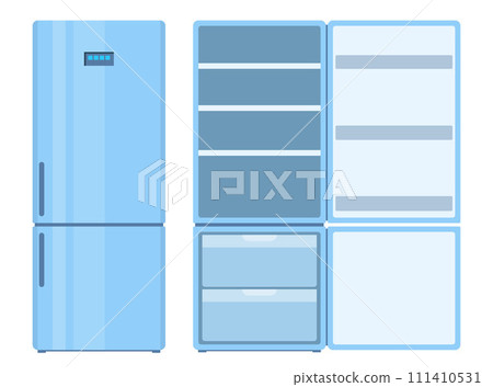 Fridge. Closed and open empty refrigerator. Blue fridge for food storage. Vector Illustration. 111410531