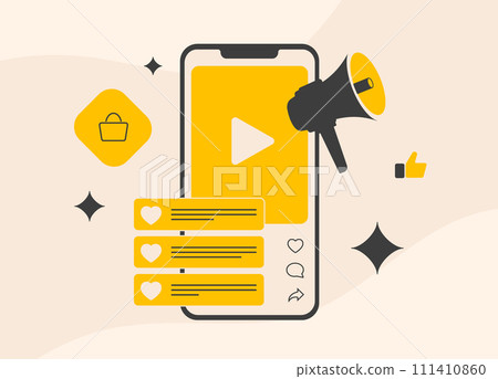 Social Selling. Targeted ads, Social Commerce and Digital Advertising through Influencers. Online presence with personalized programmatic ads for Social Shopping. Illustration isolated on white 111410860