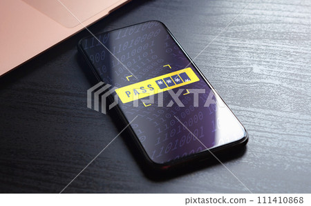 Phone screen displays obscured password. Importance of privacy and safeguarding personal information. Mobile security concept. Brute-force attack icon 111410868