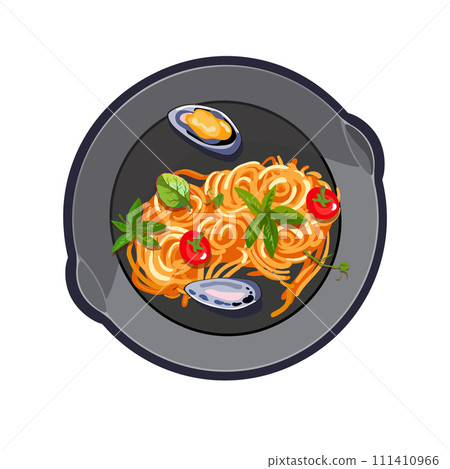 Italian food in a frying pan. Spaghetti with seafood. Appetizing healthy food. Healthy eating. Realistic dish for restaurant and cafe menus. Vector illustration 111410966