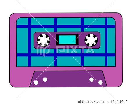 Retro vintage audio music cassette with magnetic tape. Purple and blue color. Abstract design in 90s, 80s, 70s style. Vector flat illustration. Retro vintage audio music cassette with magnetic tape. Purple and blue color. Abstract design in 90s, 80s, 70s style. Vector flat illustration. 111411041