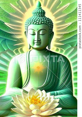一尊美麗的綠色佛像，有一朵蓮花 111411345
