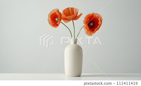 Poppies in a vase on a white background with copy space. Generative AI. 111411419