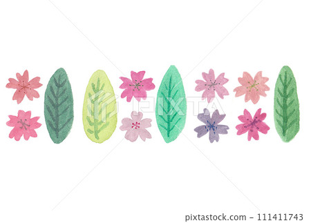 用透明水彩繪製的一排排葉子和小櫻花的插圖集 111411743