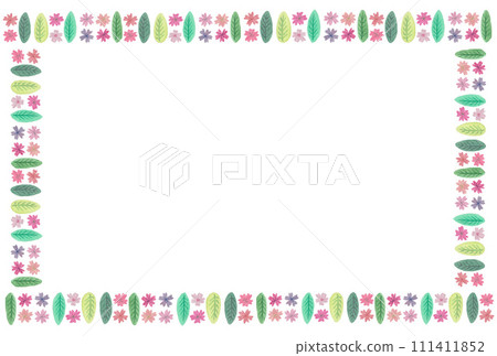 Rectangular frame illustration of small cherry blossom flowers and leaves drawn with transparent watercolors 111411852