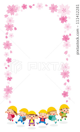 Illustration of cute elementary school kids jumping Sakura frame Copy space template Vector Illustration of cute elementary school kids jumping Sakura frame Copy space template Vector 111412281