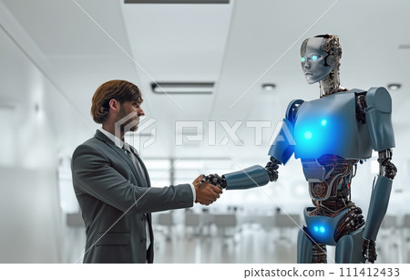 機器人和人類握手，機器人，未來，合作，握手，人類，人，男性，印度人 111412433