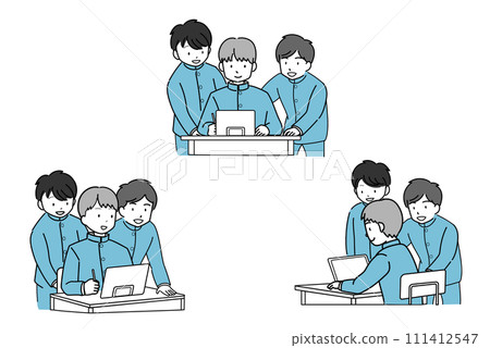 Multiple male students studying on tablets 111412547