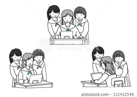 Multiple female students studying on tablets Multiple female students studying on tablets 111412548