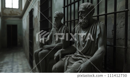 AI-generated content. Two male antique statues, Greek monument sitting in jailhouse lobby with prison rooms protected by iron mesh 111412730