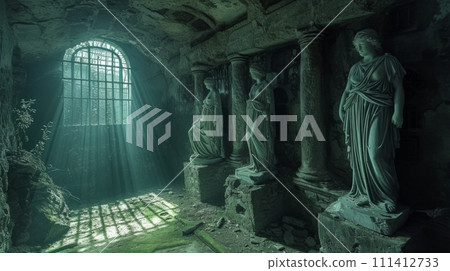 AI-generated content. Light from outdoor makes its way into prison room with antique Greek statues. Old jailhouse. Time-travel to ancient civilizations 111412733