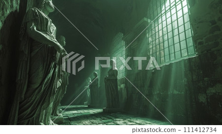 AI-generated content. Light of moon breaks through lattice windows of old room with antique Greek statues. AI-generated content. Light of moon breaks through lattice windows of old room with antique Greek statues. 111412734