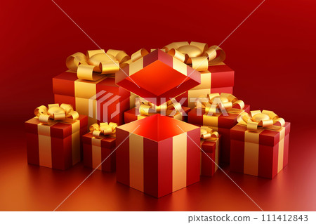 Red gift box with gold ribbons on red background, for valentine day, festival or celebration, Red gift box with gold ribbons on red background, for valentine day, festival or celebration, 111412843