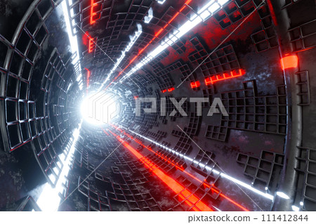 Flying into sci-fi tunnel with glowing neon light, loop motion graphic for technology, 3D rendering. Flying into sci-fi tunnel with glowing neon light, loop motion graphic for technology, 3D rendering. 111412844