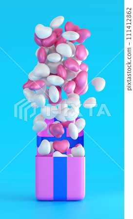 Pink gift box or present box with many balloon heart floating, valentine day festival, 3D rendering. Pink gift box or present box with many balloon heart floating, valentine day festival, 3D rendering. 111412862