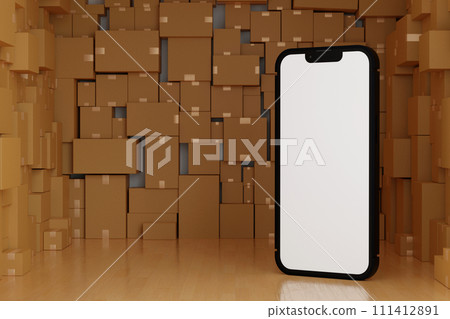 Smartphone with brown cardboard boxes parcel in warehouse, online shopping concept, 3D rendering. Smartphone with brown cardboard boxes parcel in warehouse, online shopping concept, 3D rendering. 111412891