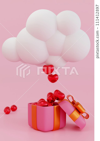 Heart falling from cloud to gift box, for valentine day festival wedding celebration, 3D rendering. 111412897