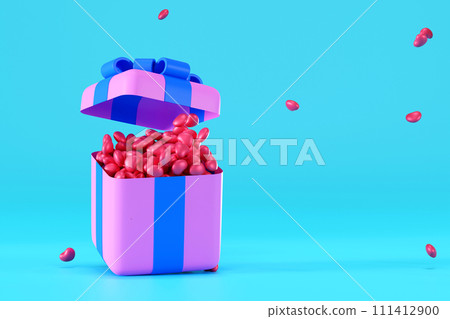 Pink gift box or present box with many balloon heart floating, , for valentine day, 3D rendering. Pink gift box or present box with many balloon heart floating, , for valentine day, 3D rendering. 111412900