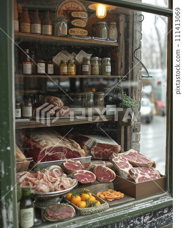 butcher shop interior closeup 111413069