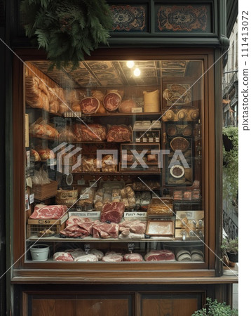 butcher shop interior closeup 111413072
