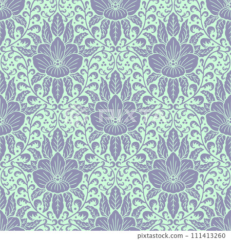 Seamless purple Damask pattern on a green background 111413260