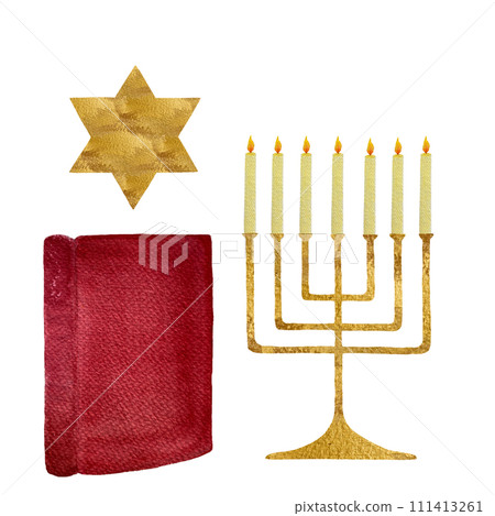 Watercolor menorah candle, Holy Book, star, for Hanuka, religious illustration isolated on white 111413261