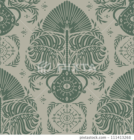 Seamless green Damask pattern on a beige background 111413268