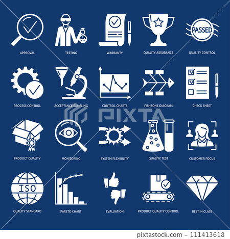 Quality assurance glyph icon set. Quality assurance glyph icon set. 111413618