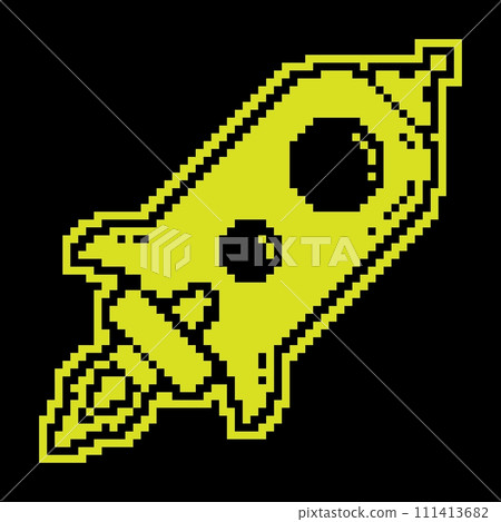 Flying space rocket Pixel silhouette icon. Flights to Mars, Moon and planets of solar system. Technologies for space exploration. Simple black and yellow vector Flying space rocket Pixel silhouette icon. Flights to Mars, Moon and planets of solar system. Technologies for space exploration. Simple black and yellow vector 111413682