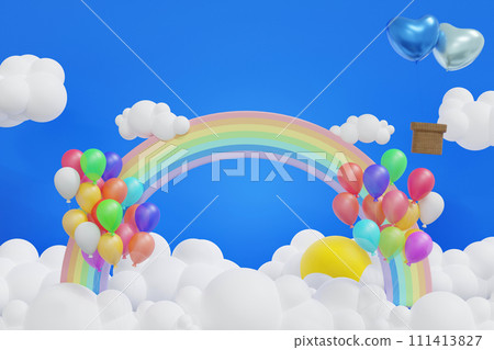 Rainbow with cloud sun and balloon in the blue sky, background for summer camp holiday, 3D rendering Rainbow with cloud sun and balloon in the blue sky, background for summer camp holiday, 3D rendering 111413827